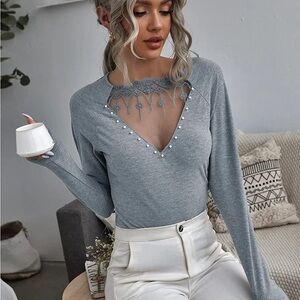 Elegant Gray Lace-Trimmed Women's sweater NEW size medium pearl details